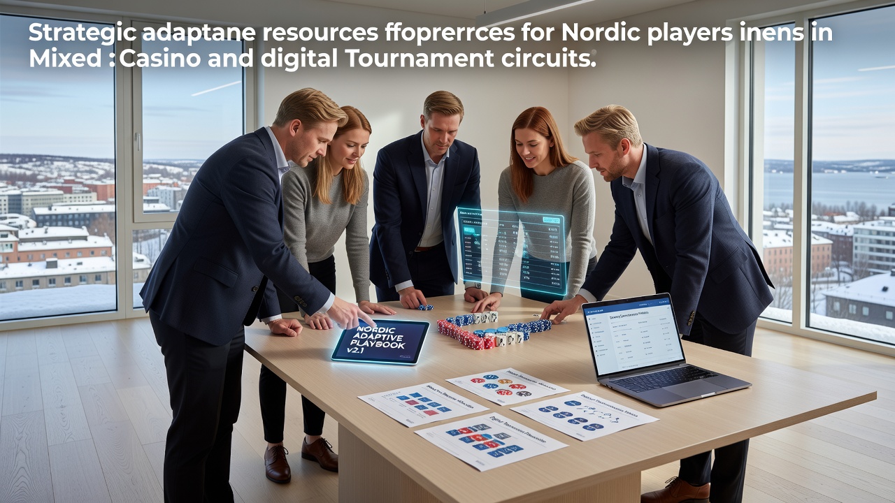 Nordic poker players reviewing strategy materials at a mixed casino and digital tournament venue
