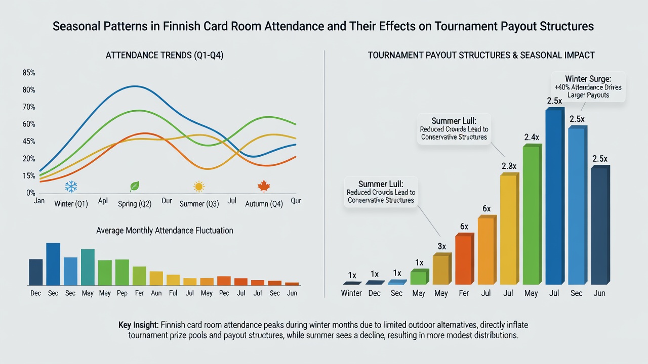 Graph and charts displaying seasonal attendance data alongside tournament payout distributions in Finnish card rooms